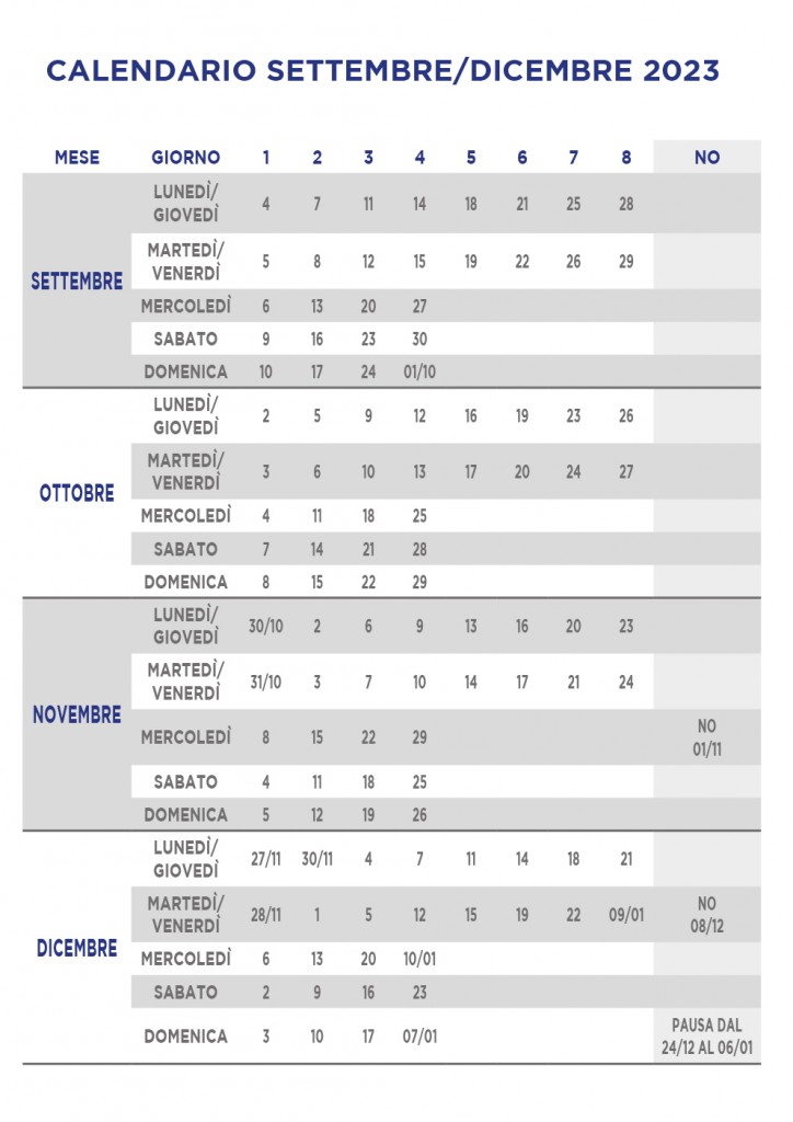 Calendario corsi settembre - dicembre